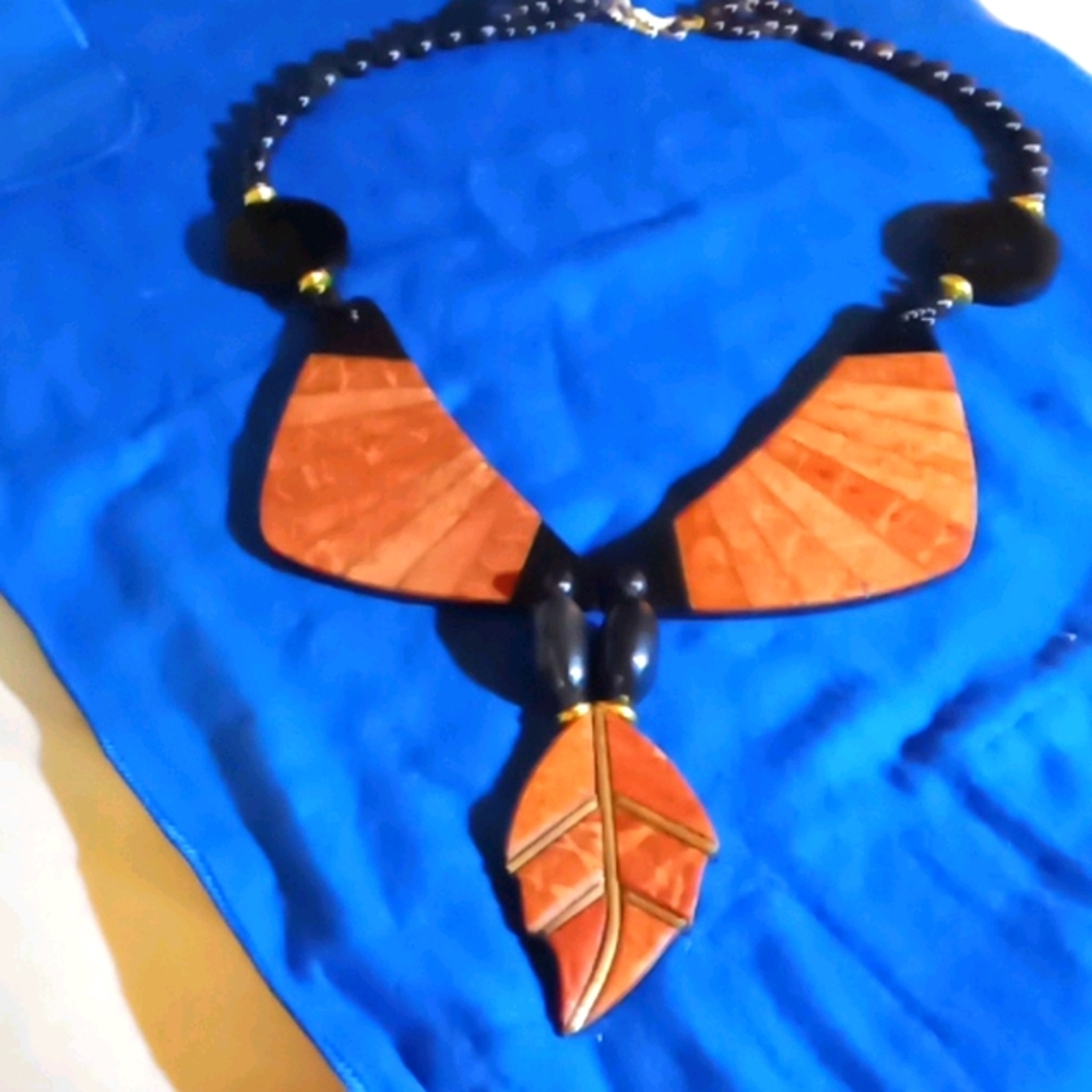 Vintage redwood inlays in brass wood necklace